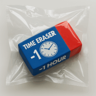 gomme rouge et bleu qui permet d'effacer le temps dans un sachet en plastique.