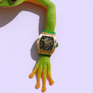 Une grenouille qui porte une montre moderne verte qui permet d'aller sous l'eau.