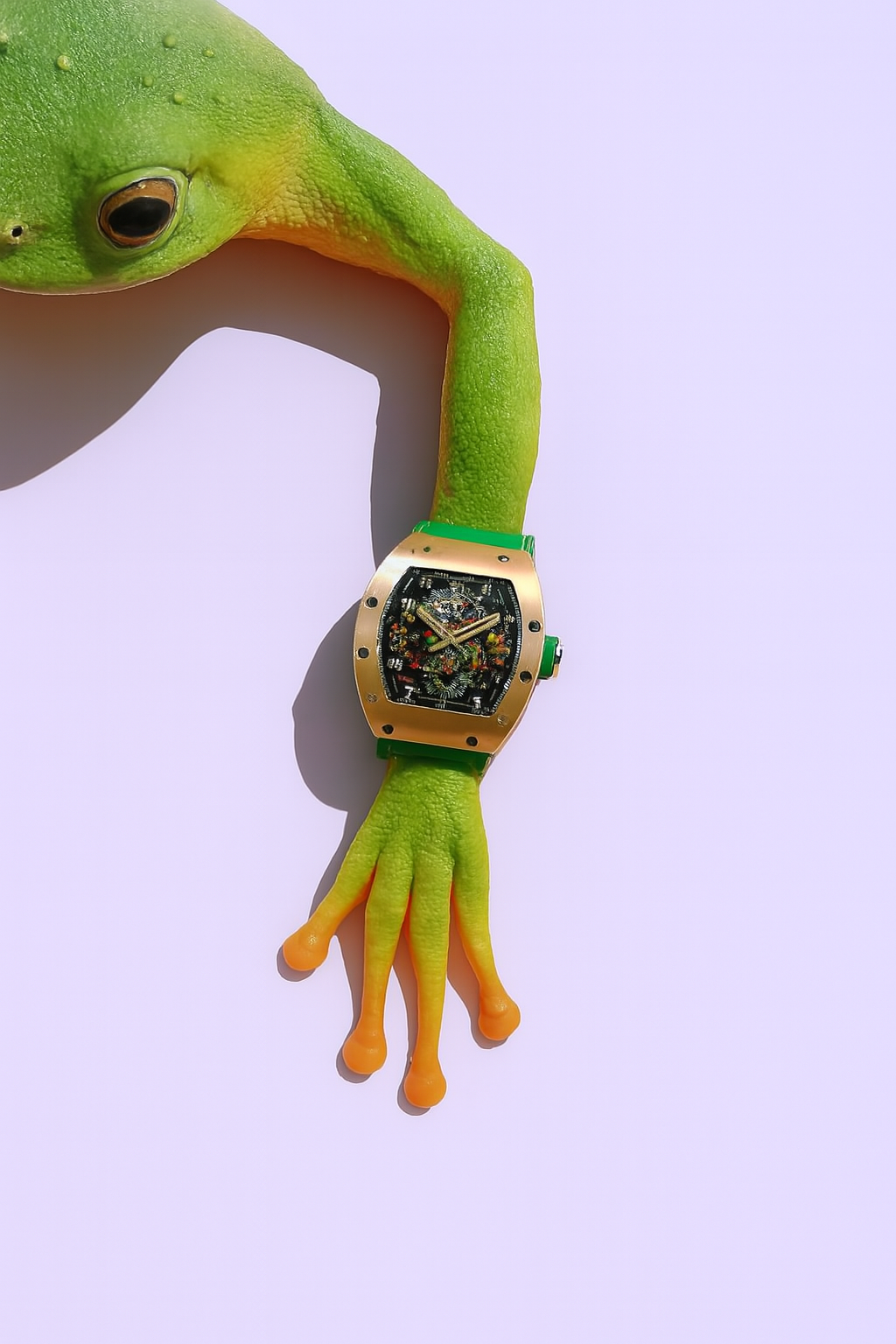 Une grenouille qui porte une montre moderne verte qui permet d'aller sous l'eau.