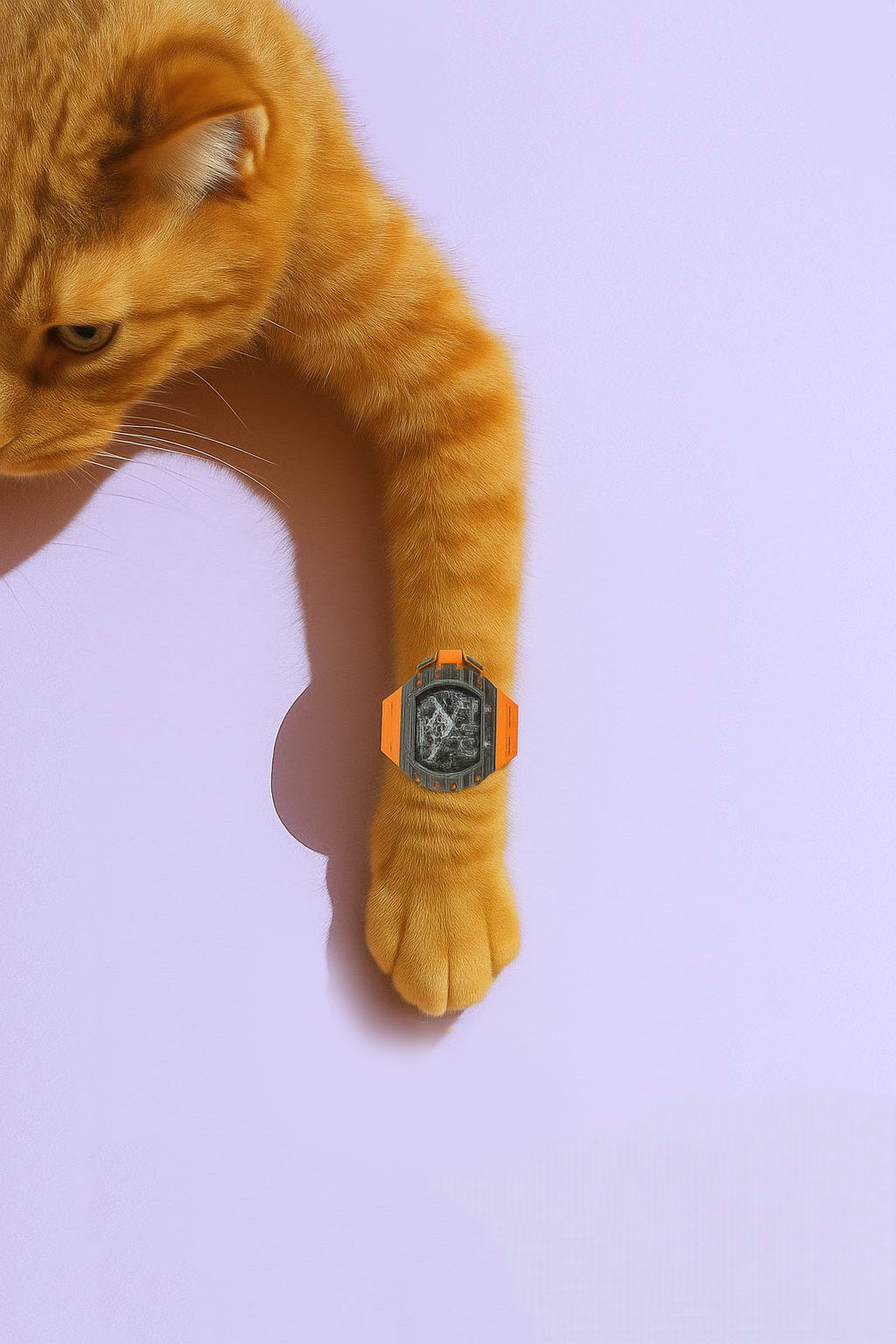 chat qui porte une montre moderne orange