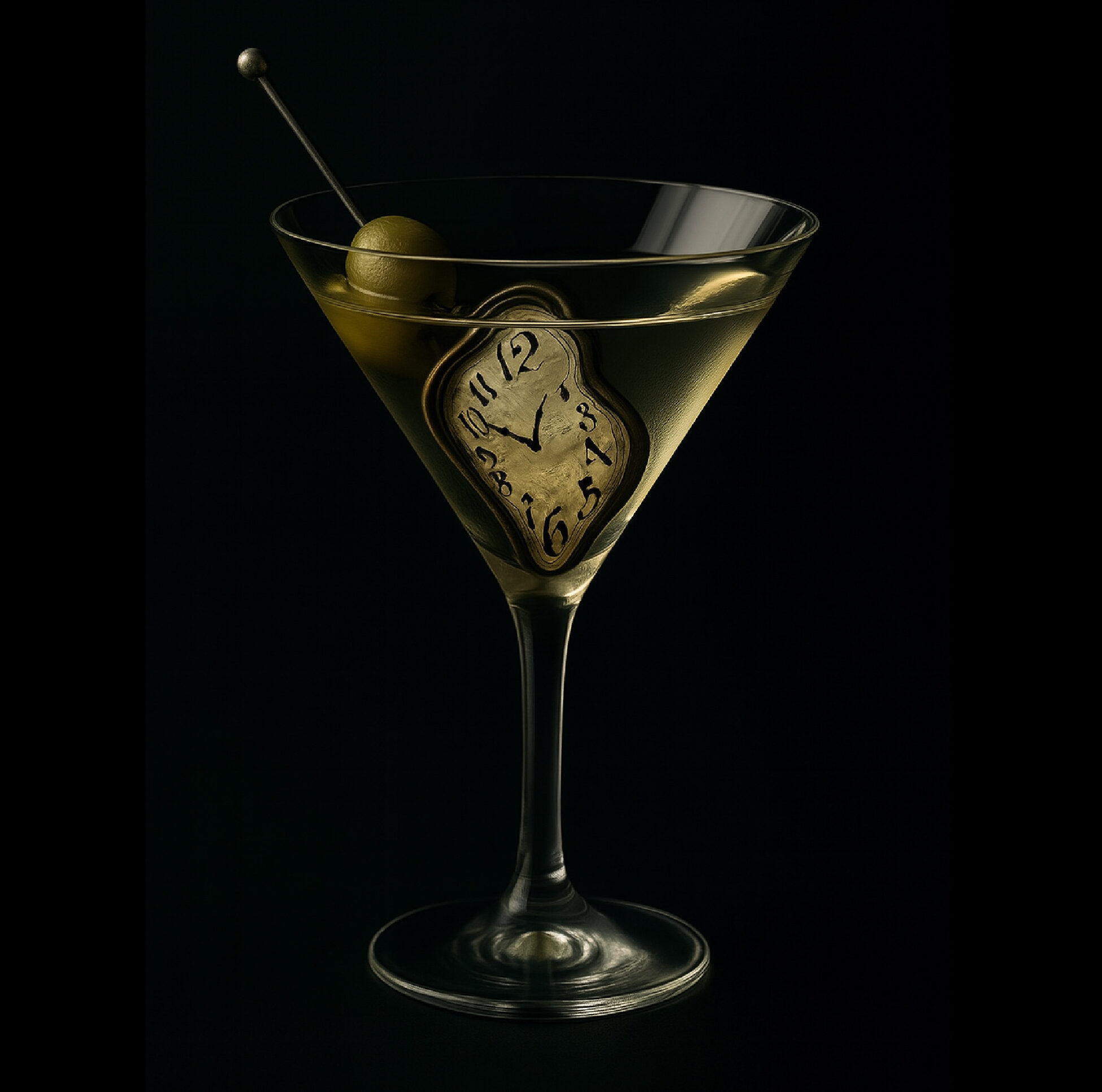 Verre de Martini avec une montre à Gousset à l'intérieur cadran façon Dali.