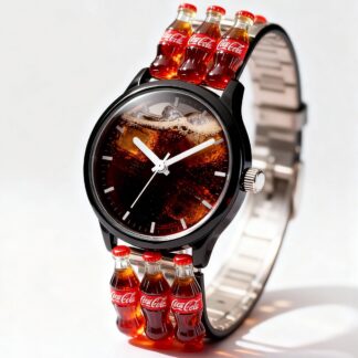 Montre avec bracelet en bonbon coca cola, avec un cadran rempli de liquide coca.