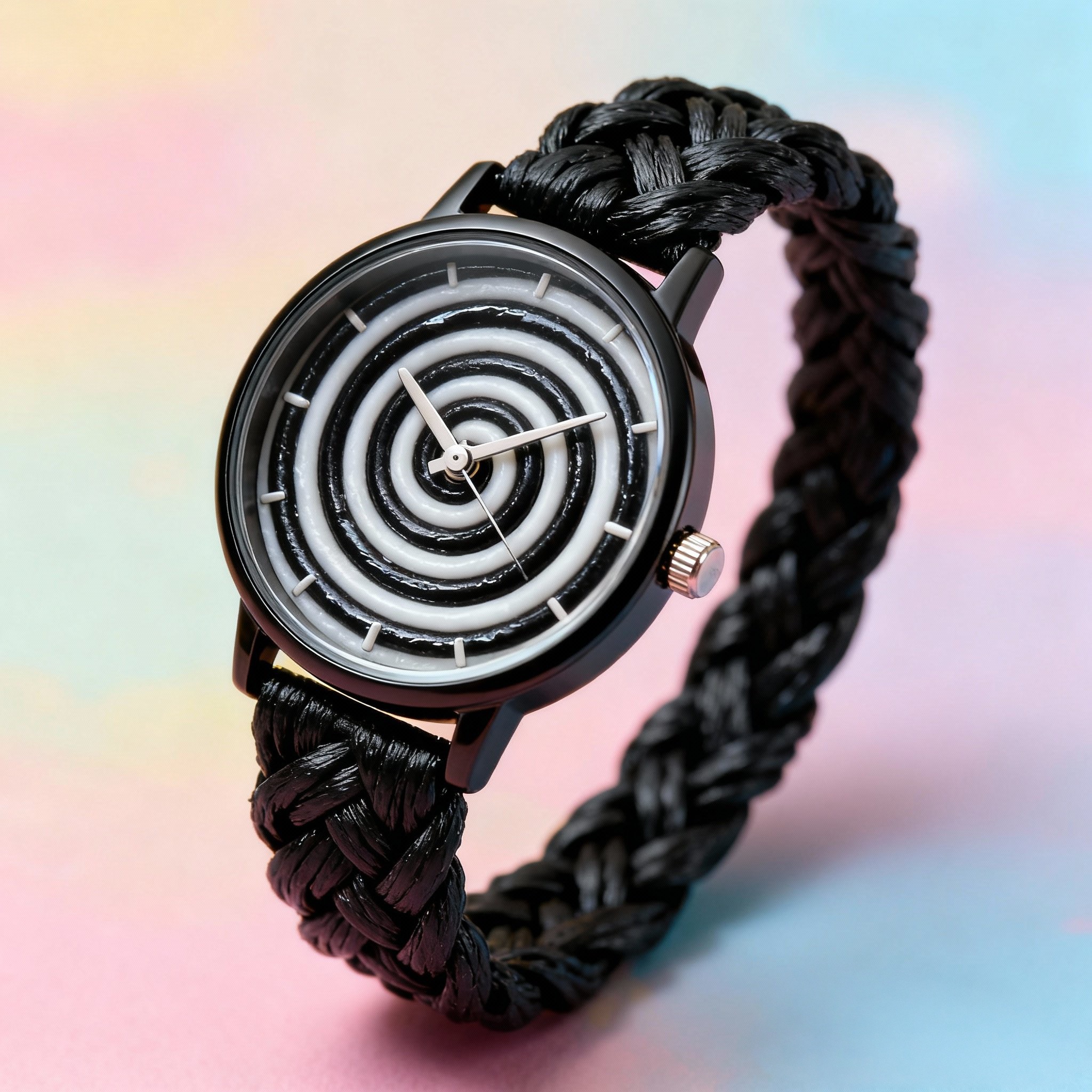 Montre avec un bracelet tressé en réglisse et cadran en réglisse spirale noire et blanche